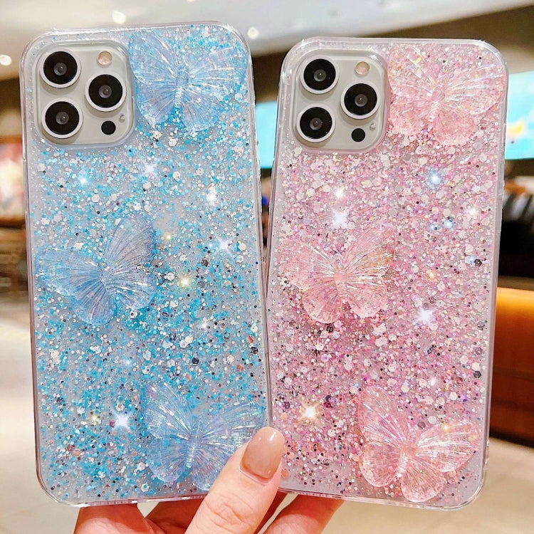 For iPhone 15 Pro Max Starry Sequin Crystal Butterflies Epoxy TPU Phone Case(Blue) - HoMEdemic™ 