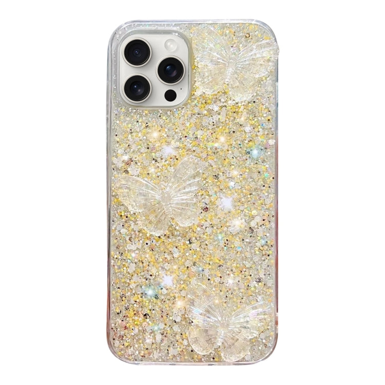 For iPhone 15 Pro Max Starry Sequin Crystal Butterflies Epoxy TPU Phone Case(Yellow) - HoMEdemic™ 
