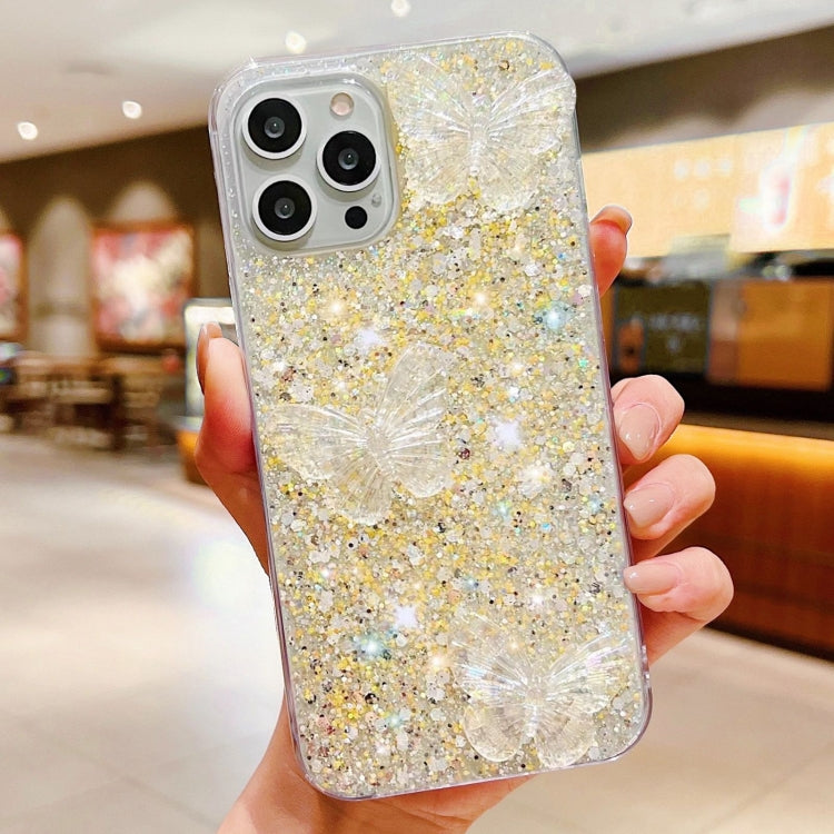 For iPhone 15 Pro Max Starry Sequin Crystal Butterflies Epoxy TPU Phone Case(Yellow) - HoMEdemic™ 