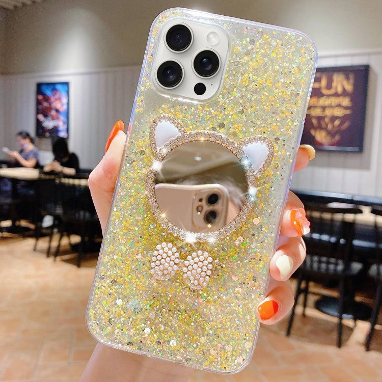 For iPhone 15 Pro Max Starry Sequin Diamond Cat Ears Mirror Epoxy TPU Phone Case(Yellow) - HoMEdemic™ 