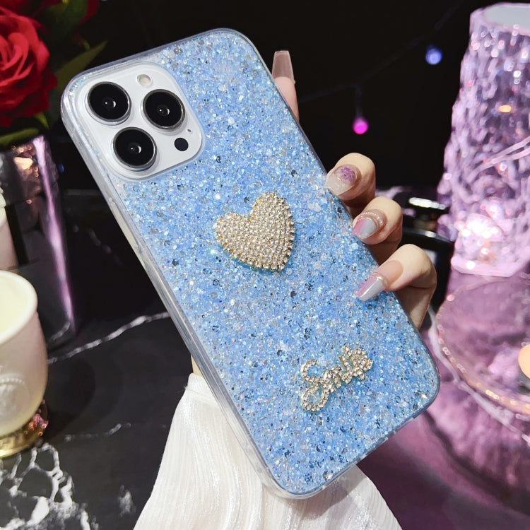 For iPhone 15 Pro Max Starry Sequin Diamond Heart Epoxy TPU Phone Case(Blue) - HoMEdemic™ 
