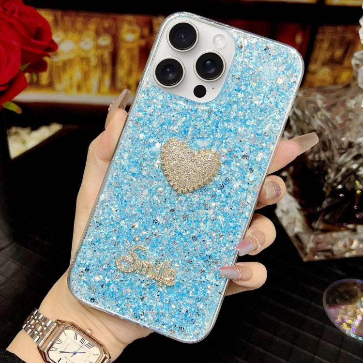 For iPhone 15 Pro Max Starry Sequin Diamond Heart Epoxy TPU Phone Case(Blue) - HoMEdemic™ 