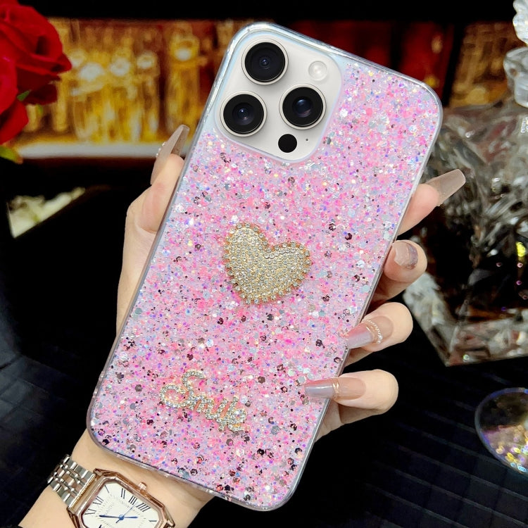For iPhone 15 Pro Max Starry Sequin Diamond Heart Epoxy TPU Phone Case(Pink) - HoMEdemic™ 