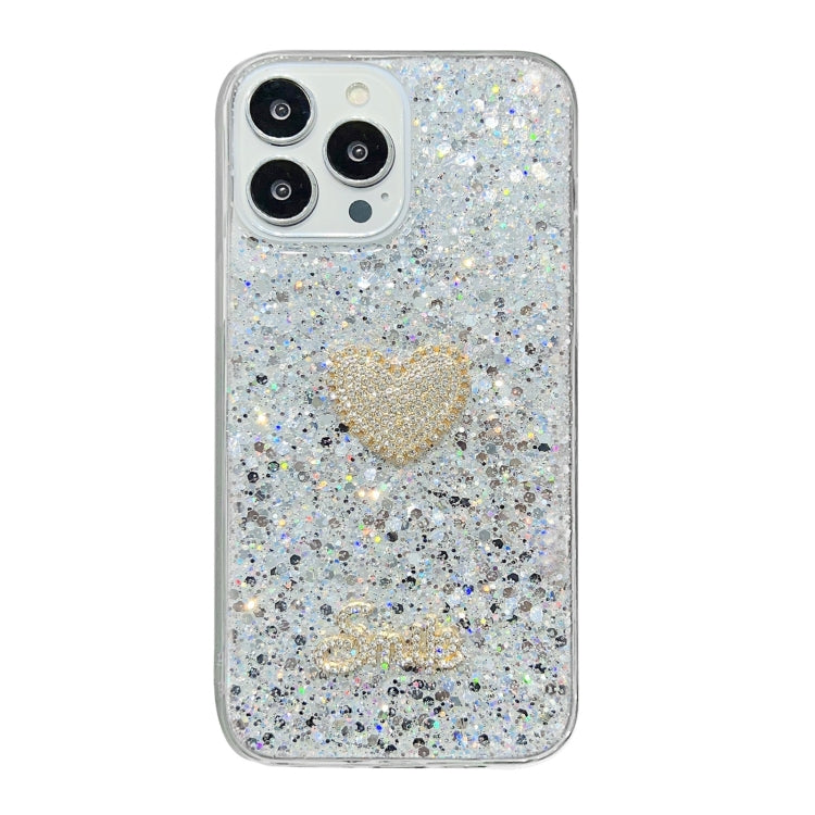For iPhone 15 Pro Max Starry Sequin Diamond Heart Epoxy TPU Phone Case(Silver) - HoMEdemic™ 