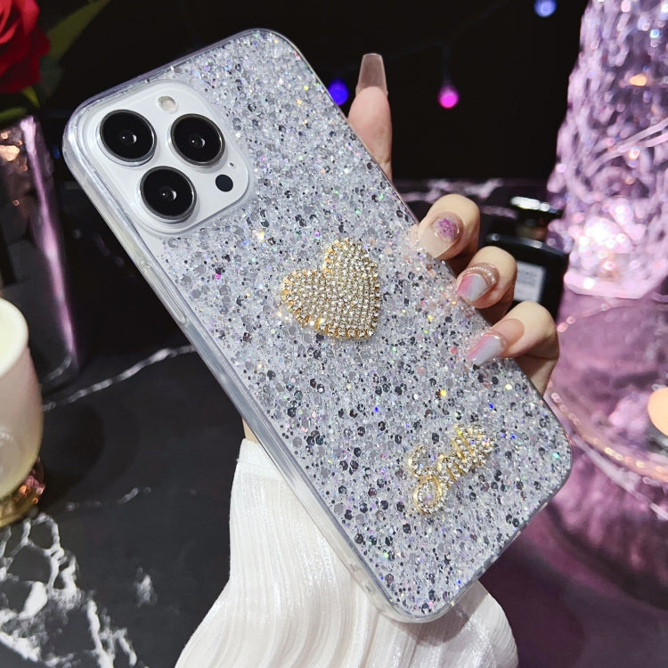 For iPhone 15 Pro Max Starry Sequin Diamond Heart Epoxy TPU Phone Case(Silver) - HoMEdemic™ 