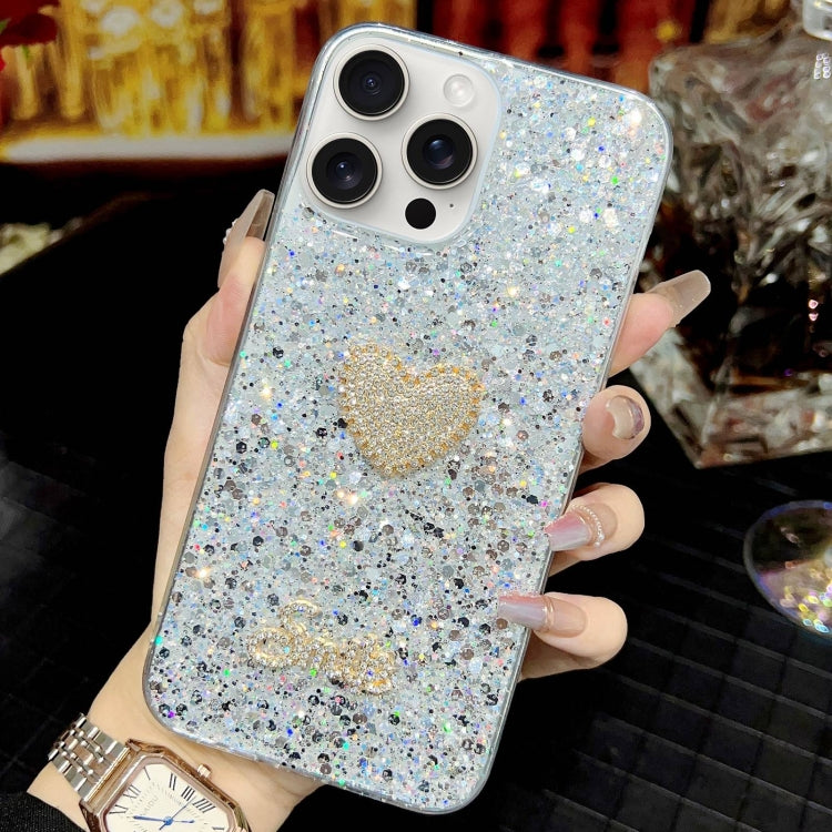 For iPhone 15 Pro Max Starry Sequin Diamond Heart Epoxy TPU Phone Case(Silver) - HoMEdemic™ 
