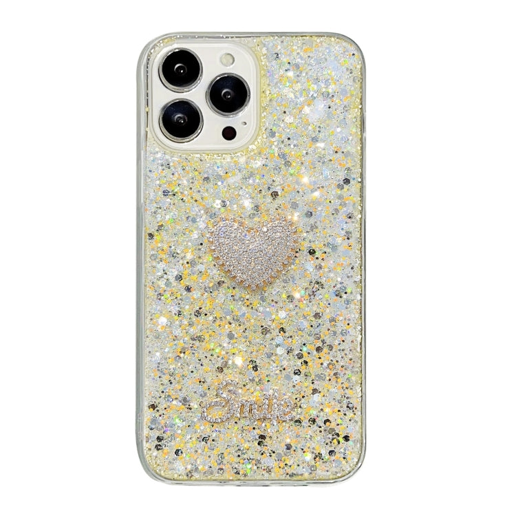 For iPhone 15 Pro Max Starry Sequin Diamond Heart Epoxy TPU Phone Case(Yellow) - HoMEdemic™ 