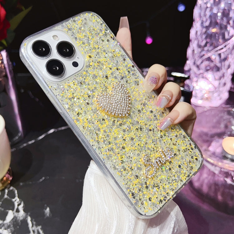 For iPhone 15 Pro Max Starry Sequin Diamond Heart Epoxy TPU Phone Case(Yellow) - HoMEdemic™ 