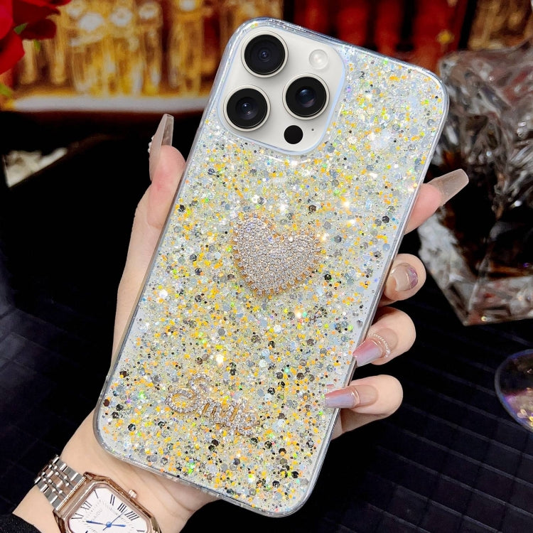 For iPhone 15 Pro Max Starry Sequin Diamond Heart Epoxy TPU Phone Case(Yellow) - HoMEdemic™ 