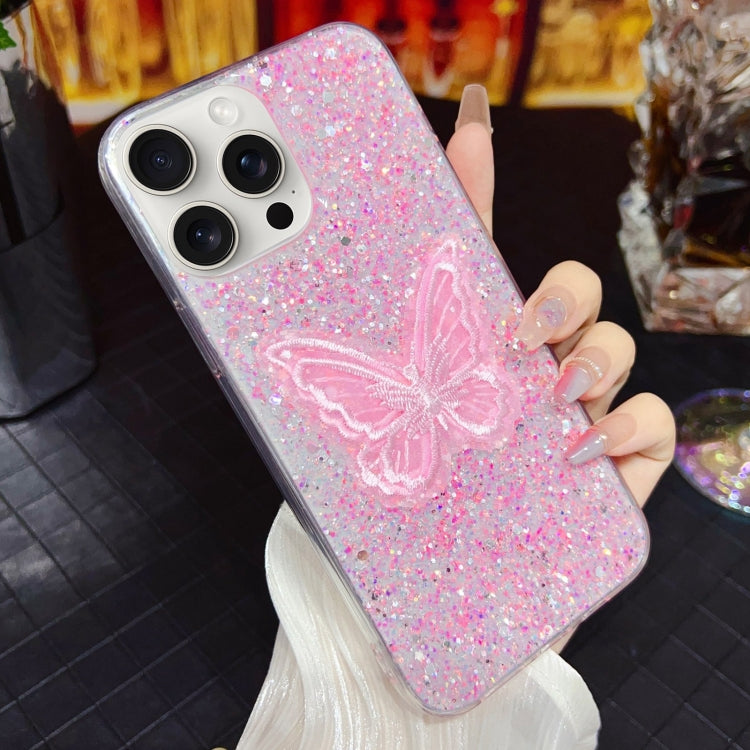 For iPhone 15 Pro Max Starry Sequin Embroidered Butterfly Epoxy TPU Phone Case(Pink) - HoMEdemic™ 