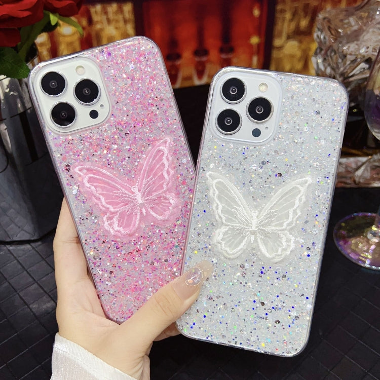 For iPhone 15 Pro Max Starry Sequin Embroidered Butterfly Epoxy TPU Phone Case(Silver) - HoMEdemic™ 