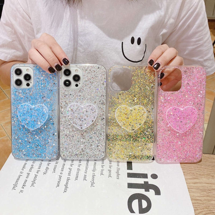 For iPhone 15 Pro Max Starry Sequin Heart Stand Epoxy TPU Phone Case(Silver) - HoMEdemic™ 