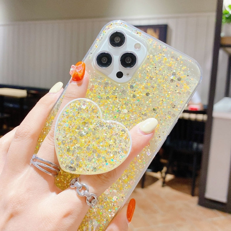 For iPhone 15 Pro Max Starry Sequin Heart Stand Epoxy TPU Phone Case(Yellow) - HoMEdemic™ 