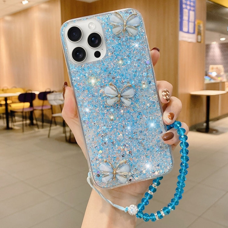 For iPhone 15 Pro Max Starry Sequin Jade Butterfly Epoxy TPU Phone Case with Strap(Blue) - HoMEdemic™ 