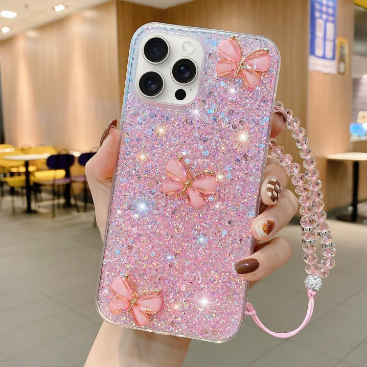 For iPhone 15 Pro Max Starry Sequin Jade Butterfly Epoxy TPU Phone Case with Strap(Pink) - HoMEdemic™ 