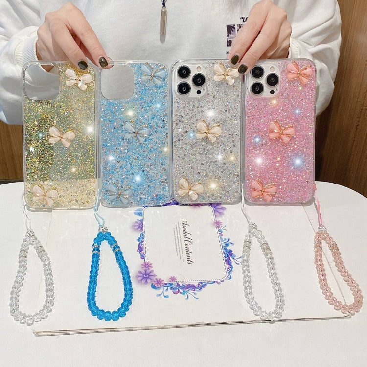 For iPhone 15 Pro Max Starry Sequin Jade Butterfly Epoxy TPU Phone Case with Strap(Silver) - HoMEdemic™ 