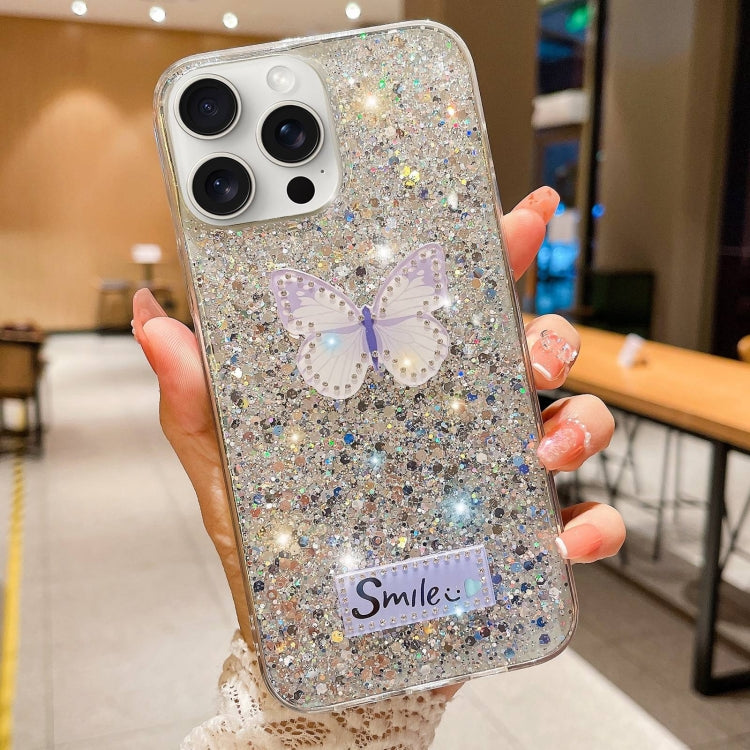 For iPhone 15 Pro Max Starry Sequin Rhinestones Butterfly Epoxy TPU Phone Case(Silver) - HoMEdemic™ 