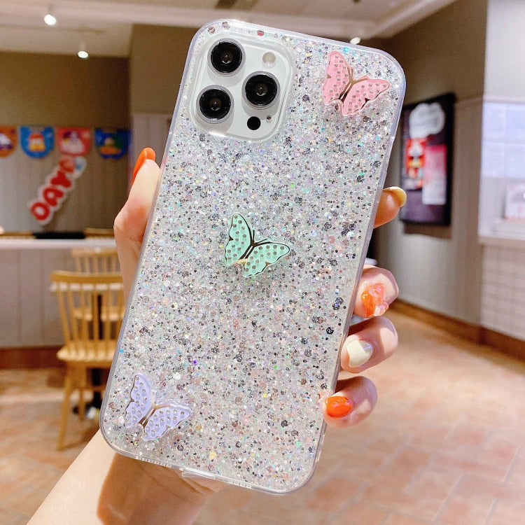 For iPhone 15 Pro Max Starry Sequin Rhinestones Color Butterflies Epoxy TPU Phone Case(Silver) - HoMEdemic™ 