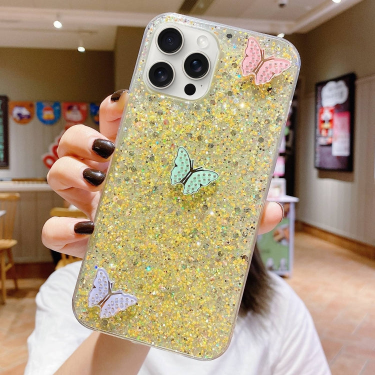 For iPhone 15 Pro Max Starry Sequin Rhinestones Color Butterflies Epoxy TPU Phone Case(Yellow) - HoMEdemic™ 