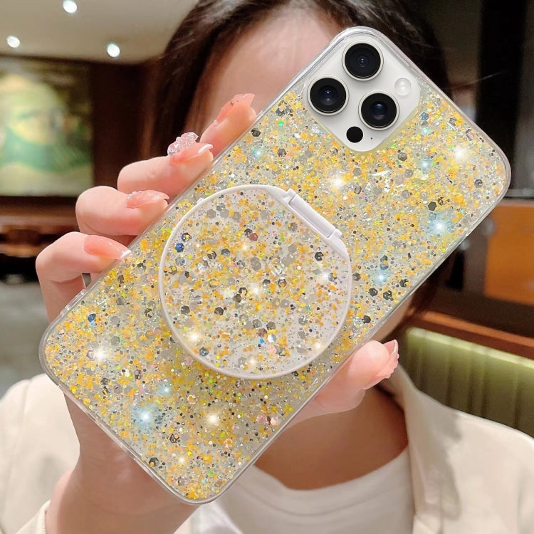 For iPhone 15 Pro Max Starry Sequin Round Mirror Stand Epoxy TPU Phone Case(Yellow) - HoMEdemic™ 
