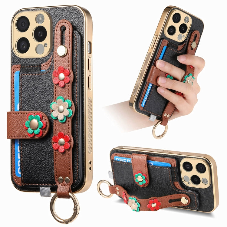 For iPhone 15 Pro Max Stereoscopic Flowers Wristband Card Bag Phone Case(Black) - HoMEdemic™ 