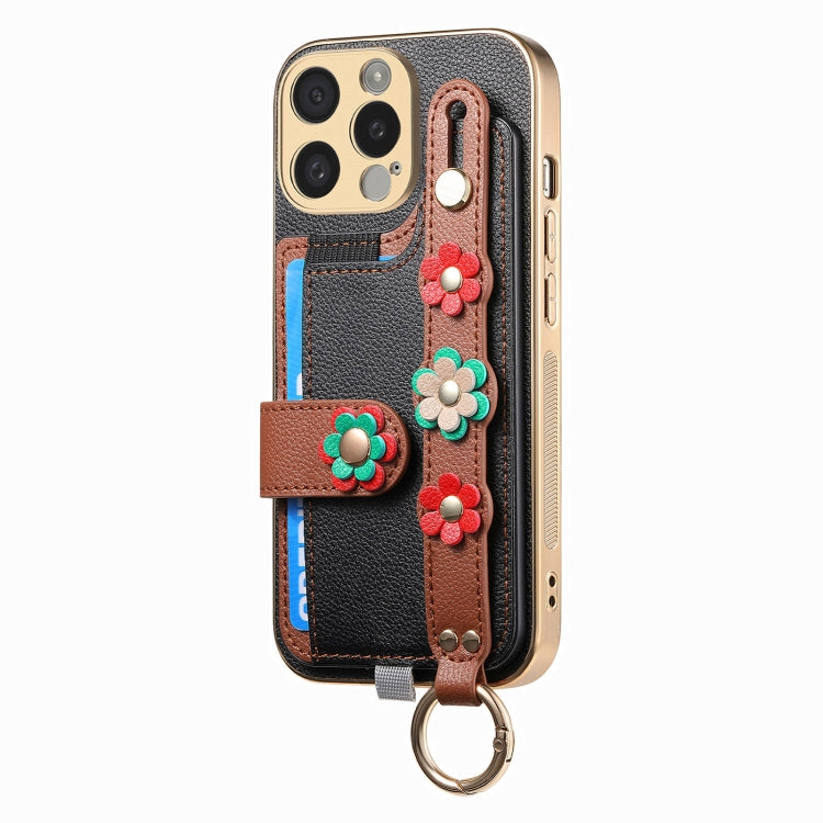 For iPhone 15 Pro Max Stereoscopic Flowers Wristband Card Bag Phone Case(Black) - HoMEdemic™ 