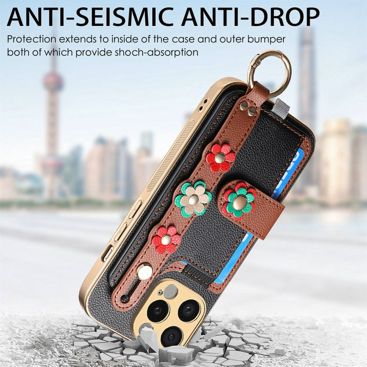 For iPhone 15 Pro Max Stereoscopic Flowers Wristband Card Bag Phone Case(Black) - HoMEdemic™ 