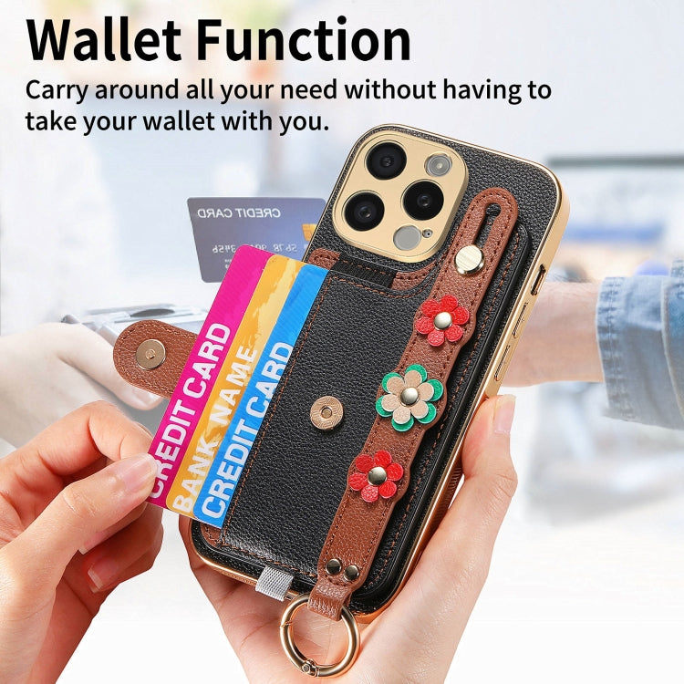 For iPhone 15 Pro Max Stereoscopic Flowers Wristband Card Bag Phone Case(Black) - HoMEdemic™ 