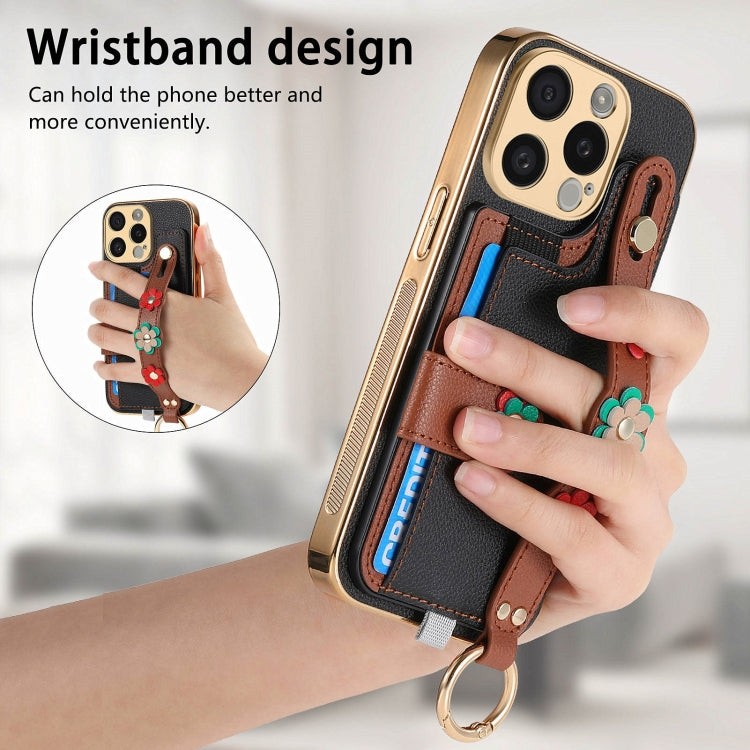 For iPhone 15 Pro Max Stereoscopic Flowers Wristband Card Bag Phone Case(Black) - HoMEdemic™ 