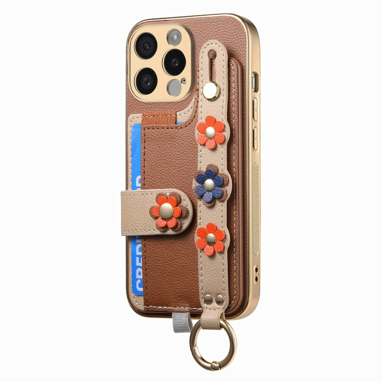 For iPhone 15 Pro Max Stereoscopic Flowers Wristband Card Bag Phone Case(Brown) - HoMEdemic™ 