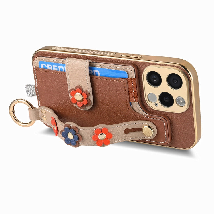 For iPhone 15 Pro Max Stereoscopic Flowers Wristband Card Bag Phone Case(Brown) - HoMEdemic™ 