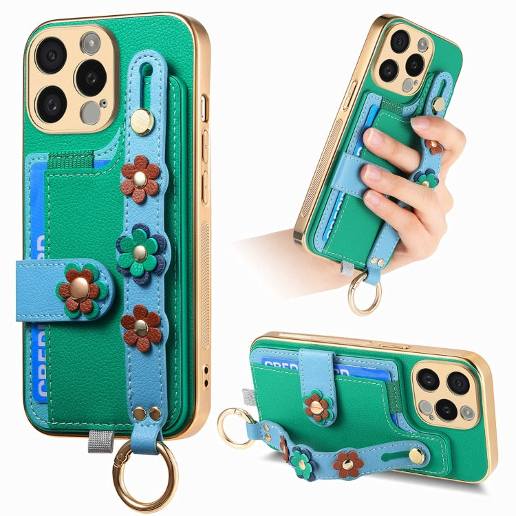 For iPhone 15 Pro Max Stereoscopic Flowers Wristband Card Bag Phone Case(Green) - HoMEdemic™ 