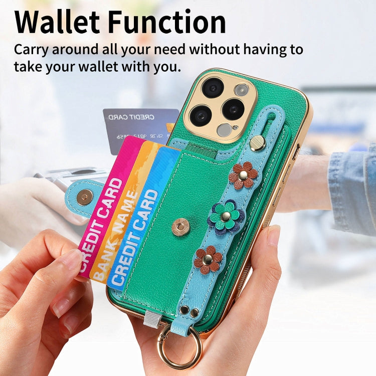 For iPhone 15 Pro Max Stereoscopic Flowers Wristband Card Bag Phone Case(Green) - HoMEdemic™ 