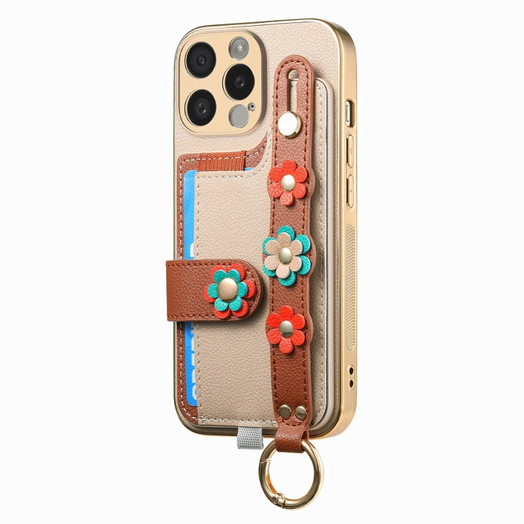 For iPhone 15 Pro Max Stereoscopic Flowers Wristband Card Bag Phone Case(Khaki) - HoMEdemic™ 