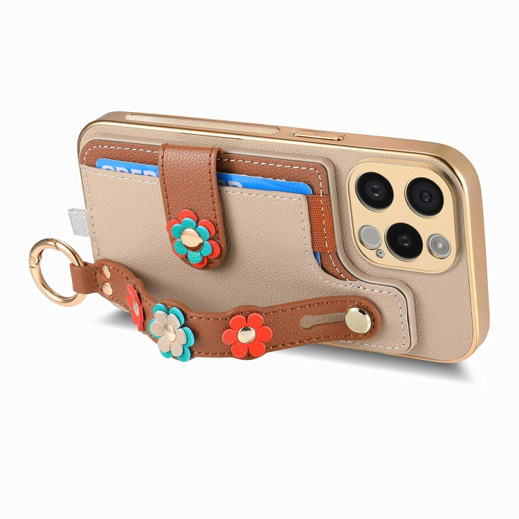 For iPhone 15 Pro Max Stereoscopic Flowers Wristband Card Bag Phone Case(Khaki) - HoMEdemic™ 