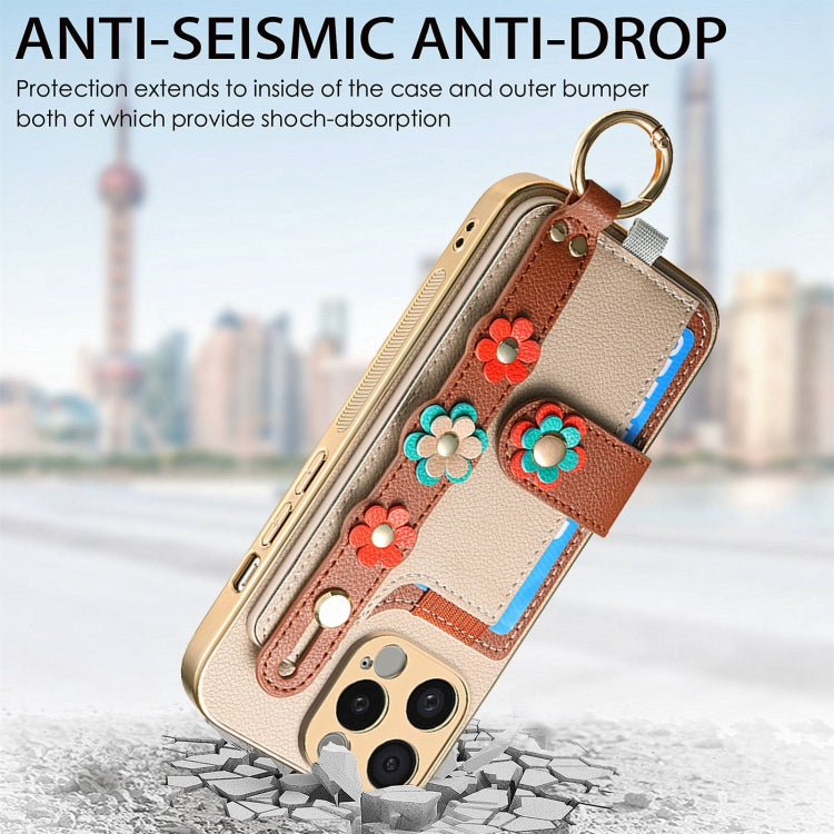 For iPhone 15 Pro Max Stereoscopic Flowers Wristband Card Bag Phone Case(Khaki) - HoMEdemic™ 