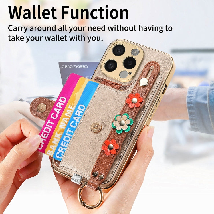 For iPhone 15 Pro Max Stereoscopic Flowers Wristband Card Bag Phone Case(Khaki) - HoMEdemic™ 