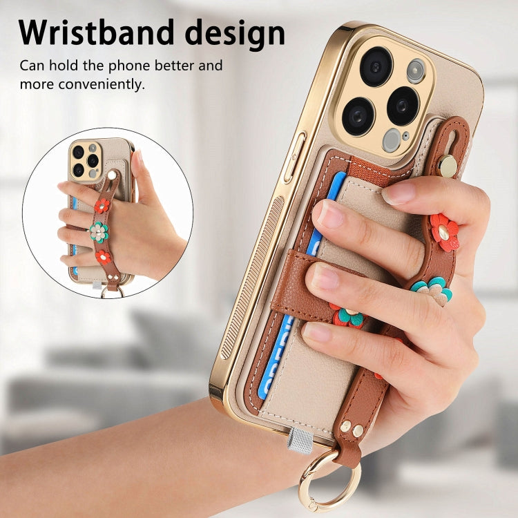 For iPhone 15 Pro Max Stereoscopic Flowers Wristband Card Bag Phone Case(Khaki) - HoMEdemic™ 