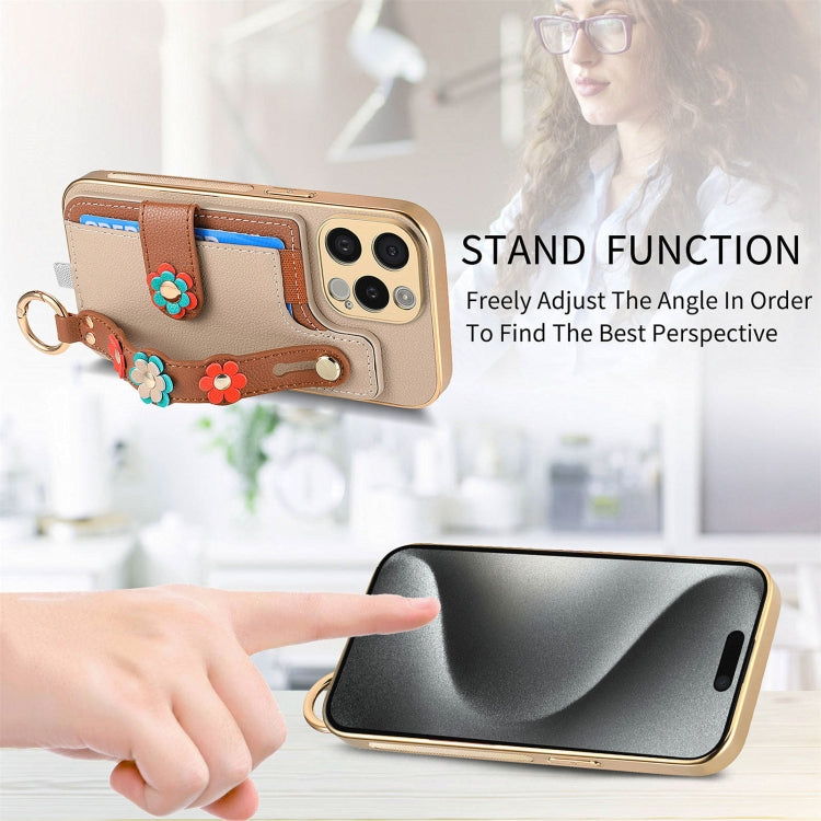For iPhone 15 Pro Max Stereoscopic Flowers Wristband Card Bag Phone Case(Khaki) - HoMEdemic™ 