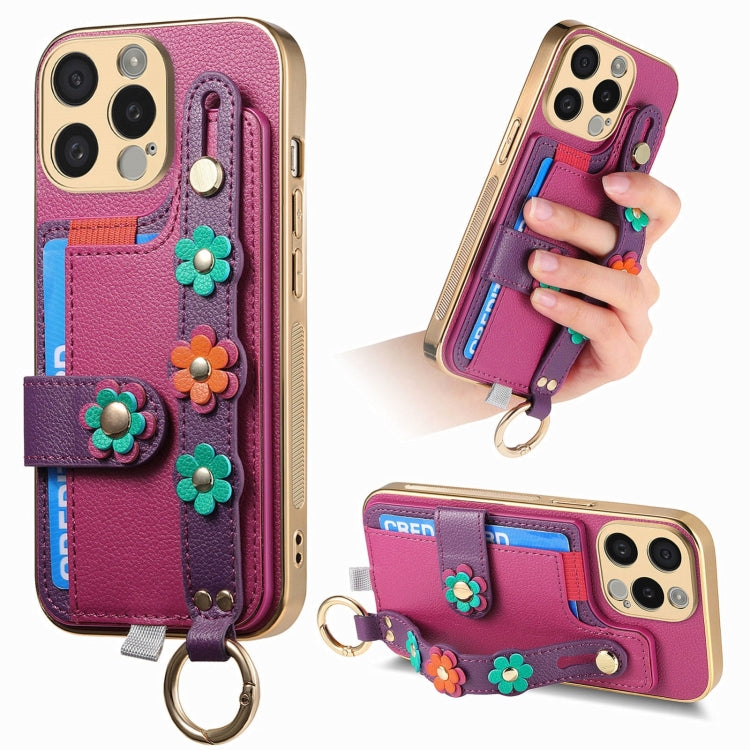 For iPhone 15 Pro Max Stereoscopic Flowers Wristband Card Bag Phone Case(Purple) - HoMEdemic™ 