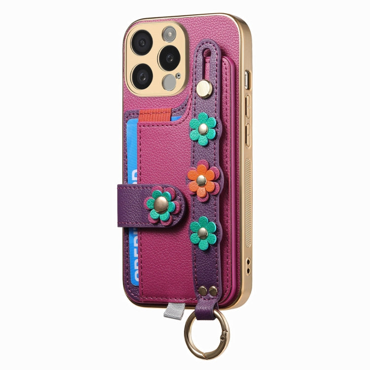For iPhone 15 Pro Max Stereoscopic Flowers Wristband Card Bag Phone Case(Purple) - HoMEdemic™ 