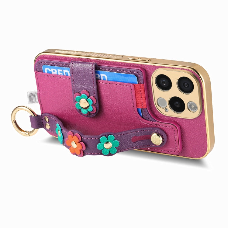 For iPhone 15 Pro Max Stereoscopic Flowers Wristband Card Bag Phone Case(Purple) - HoMEdemic™ 