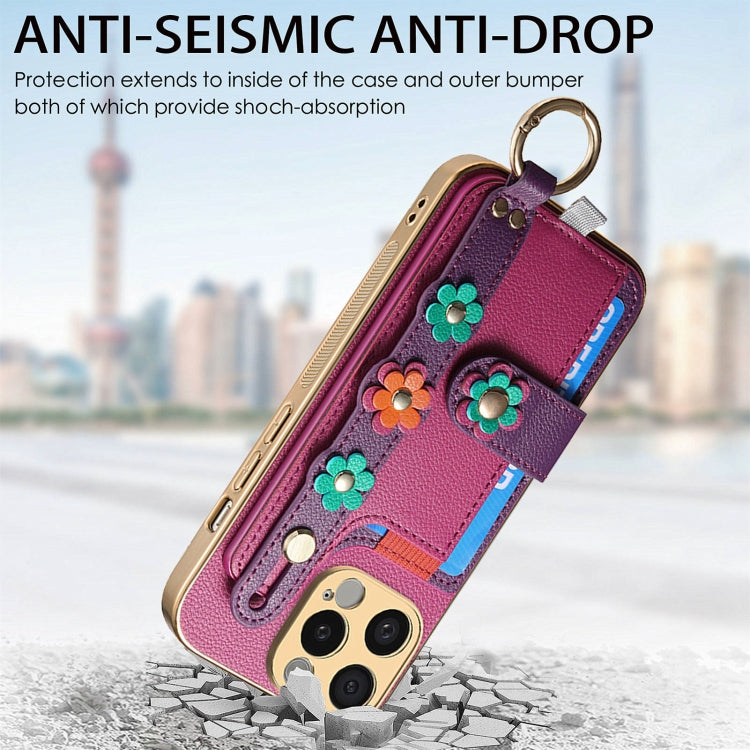 For iPhone 15 Pro Max Stereoscopic Flowers Wristband Card Bag Phone Case(Purple) - HoMEdemic™ 