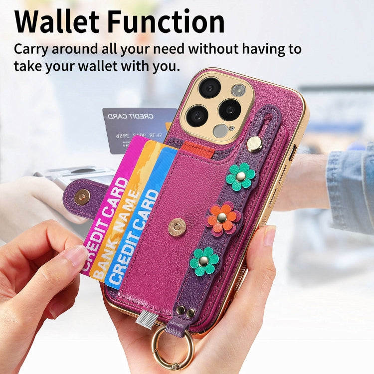 For iPhone 15 Pro Max Stereoscopic Flowers Wristband Card Bag Phone Case(Purple) - HoMEdemic™ 