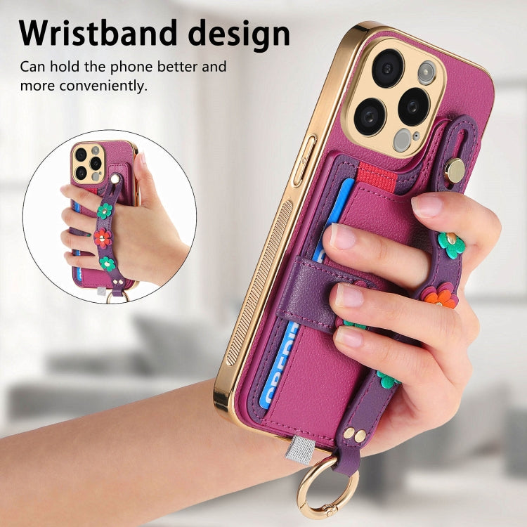 For iPhone 15 Pro Max Stereoscopic Flowers Wristband Card Bag Phone Case(Purple) - HoMEdemic™ 