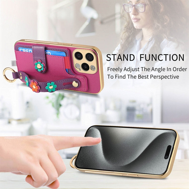 For iPhone 15 Pro Max Stereoscopic Flowers Wristband Card Bag Phone Case(Purple) - HoMEdemic™ 