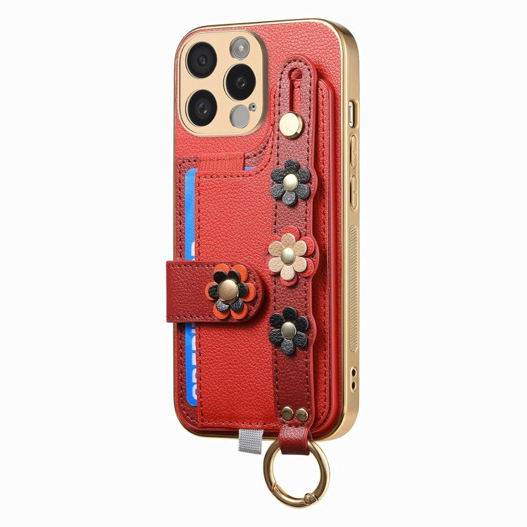 For iPhone 15 Pro Max Stereoscopic Flowers Wristband Card Bag Phone Case(Red) - HoMEdemic™ 