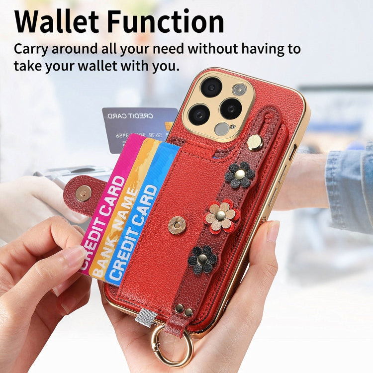 For iPhone 15 Pro Max Stereoscopic Flowers Wristband Card Bag Phone Case(Red) - HoMEdemic™ 