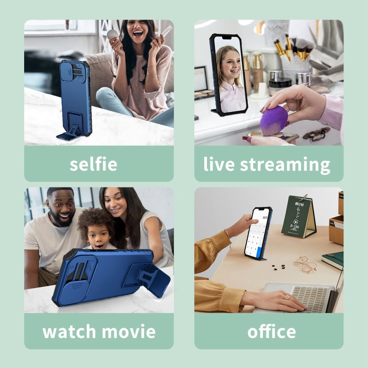 For iPhone 15 Pro Max Stereoscopic Holder Sliding Camshield Phone Case(Blue) - HoMEdemic™ 