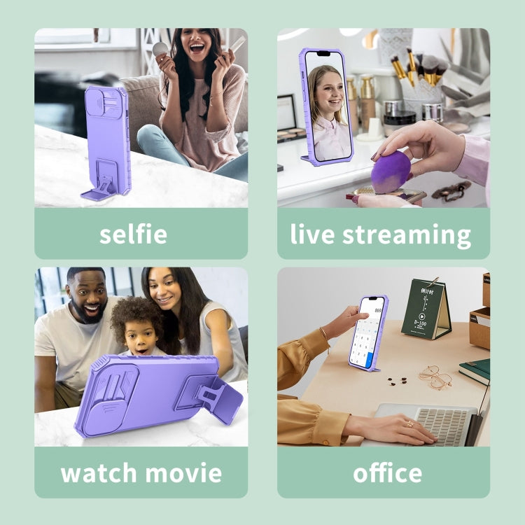 For iPhone 15 Pro Max Stereoscopic Holder Sliding Camshield Phone Case(Purple) - HoMEdemic™ 